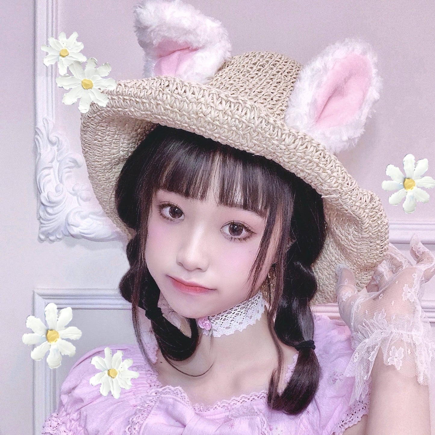 Straw hat with rabbit ears plush ears WS3032
