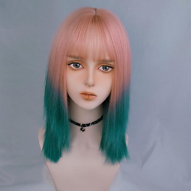 Lolita rose pink gradient green wig WS1225
