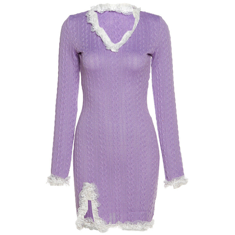 Purple stitching knitted dress SS2283