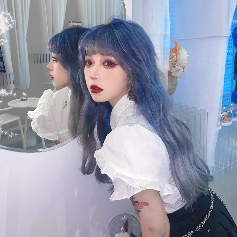 Lolita gradient blue gray long curly wig WS2226