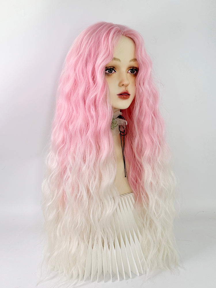 Pink and white wool curly wig W003