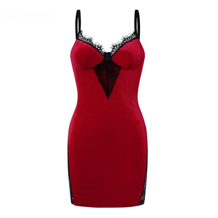 Red lace stitching velvet dress SS3509