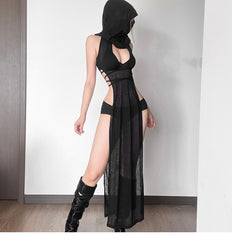 Dark black hooded sleeveless dress SS3400
