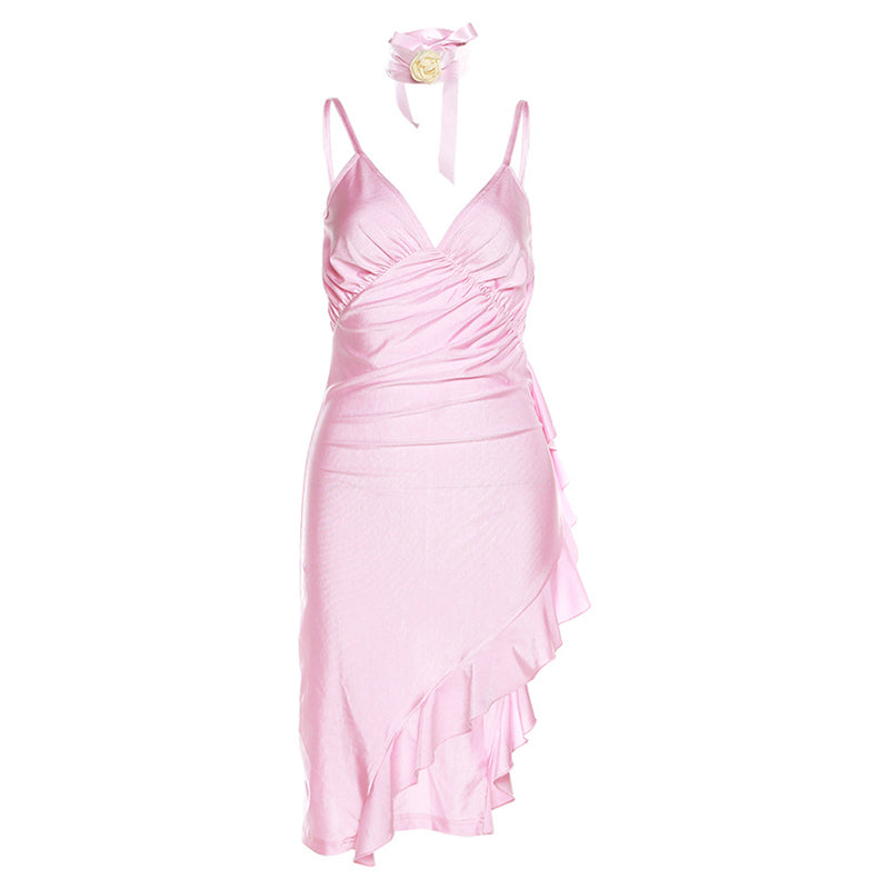 Pink low-cut V-neck dress SS3374