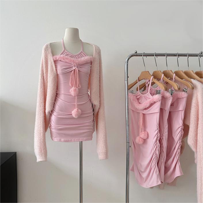 Pink knitted dress suit H005