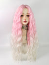 Pink and white wool curly wig W003