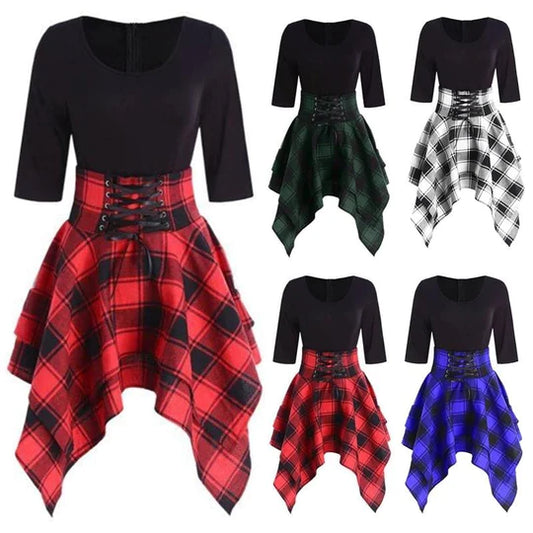 Gothic Plaid Half Sleeves Irregular Dress SS2969