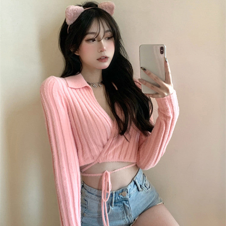 pink Knit sweater bow short top SS2579