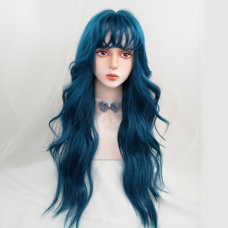 Cool girl blue long curly wig WS2295
