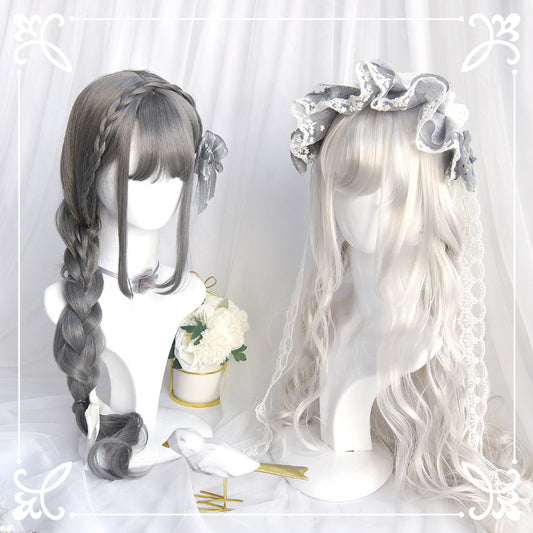 lolita gray pure white long curly wig WS2198
