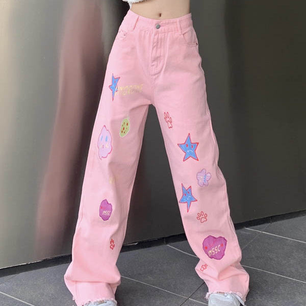 Pink Cartoon Graphic Jeans SS3017