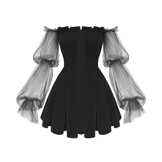 Puff Sleeve Off-shoulder Velvet Pleated Dress SS2939