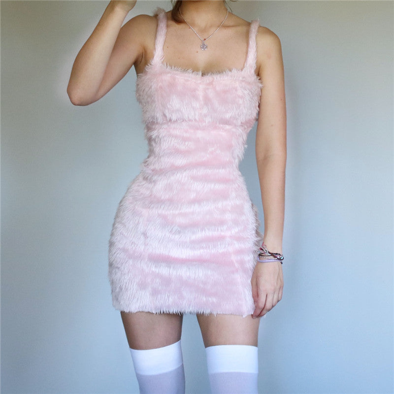 Pink plush sexy suspender dress SS2733