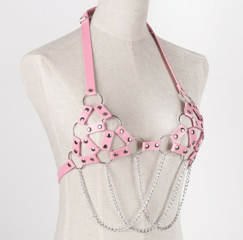 Pink strappy chain leather top SS2691