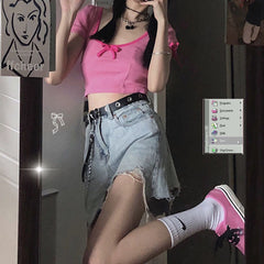 Sweetheart pink T-shirt and retro denim skirt SS2307