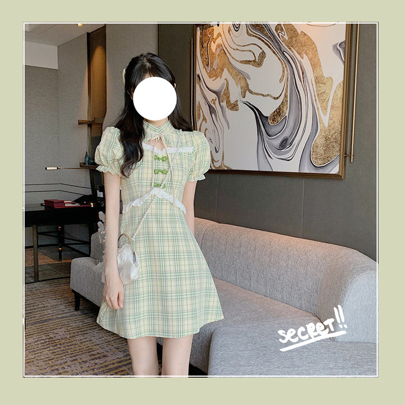 French green check cheongsam dress SS2568
