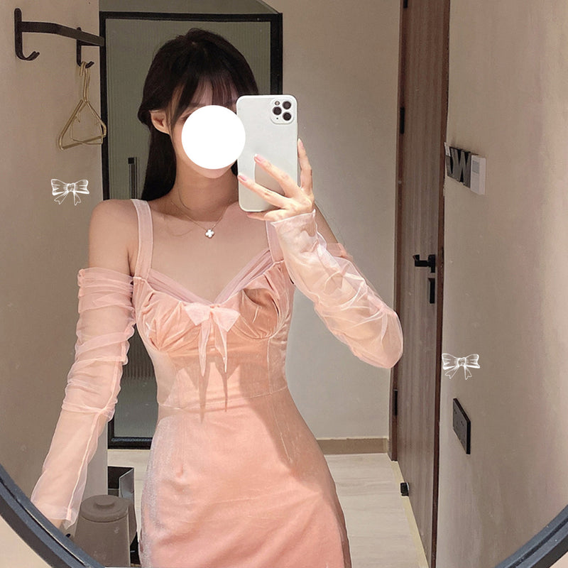Peach pink bow dress SS2378