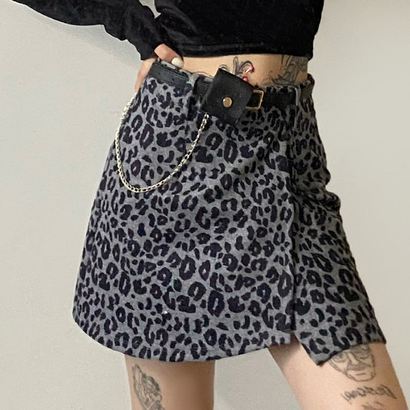 Leopard print chain woolen skirt SS2287