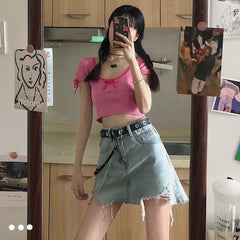 Sweetheart pink T-shirt and retro denim skirt SS2307