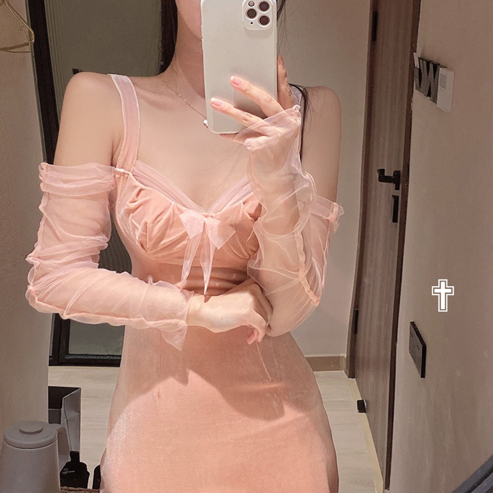 Peach pink bow dress SS2378