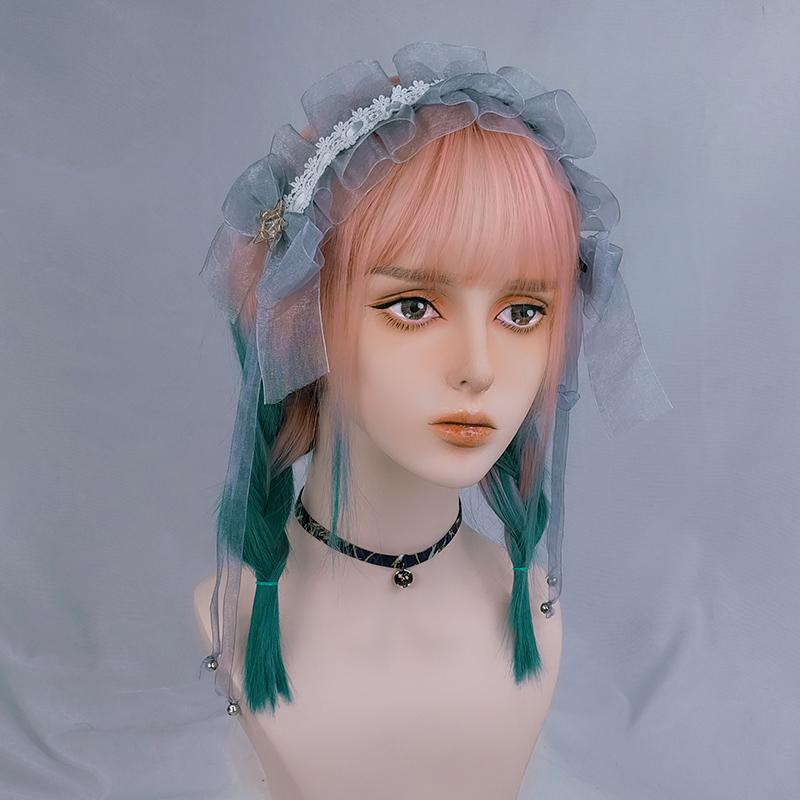 Lolita rose pink gradient green wig WS1225