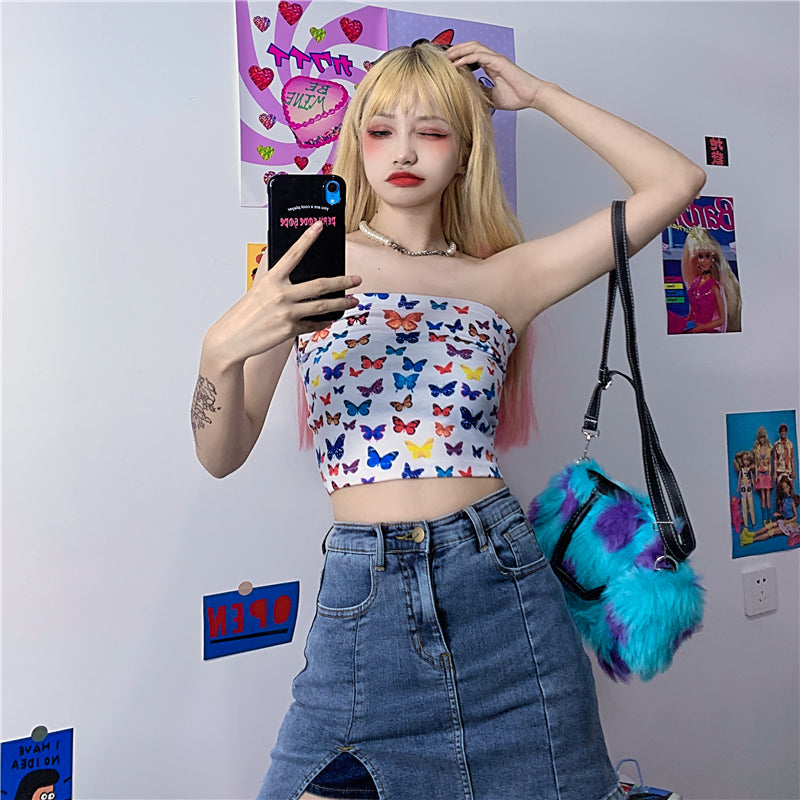 Harajuku color butterfly tube top SS2430