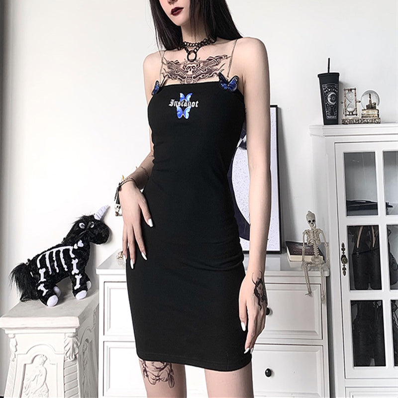 Black Printed Sling Dress  SS1257