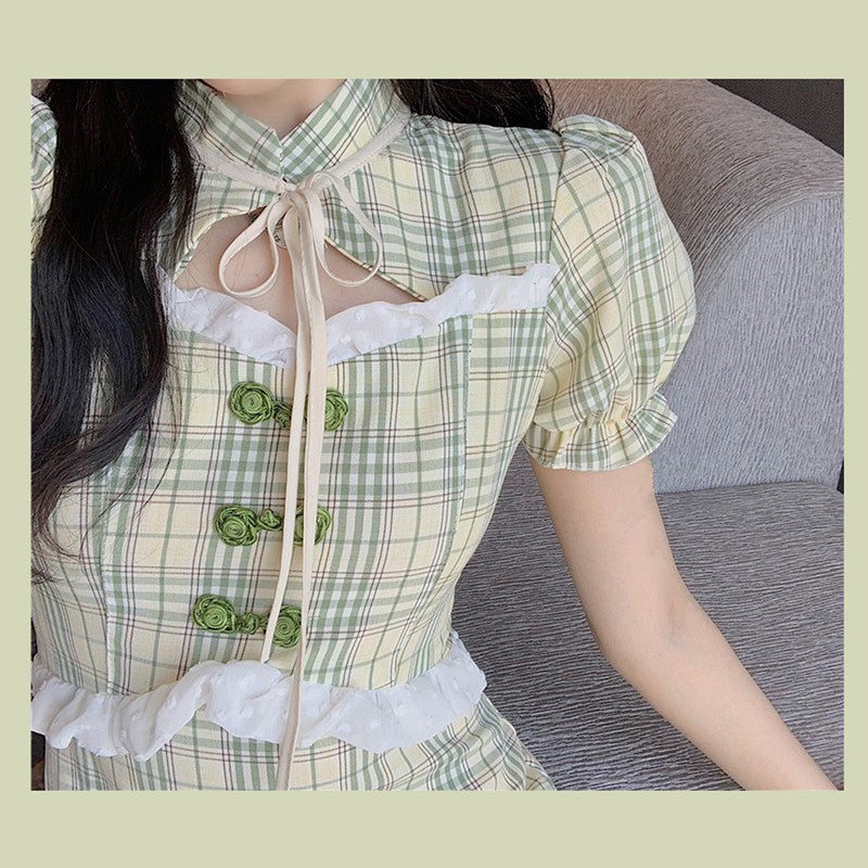 French green check cheongsam dress SS2568