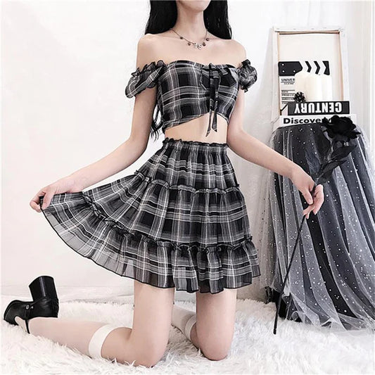 Black And White Plaid Chiffon Set Top Skirt SS3009