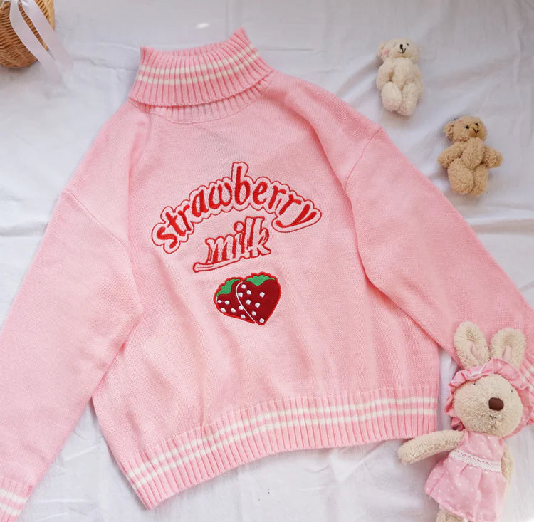 Strawberry embroidered turtleneck warm sweater  SS3057