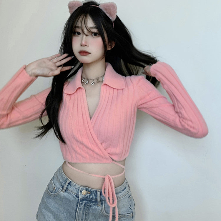 pink Knit sweater bow short top SS2579