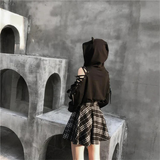 Dark Cute Ear Hoodie / Plaid Skirt  ss2917