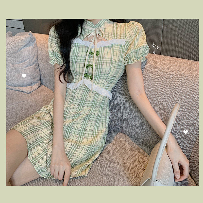 French green check cheongsam dress SS2568