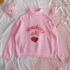 Pink Strawberry Turtleneck Loose Sweater SS2941
