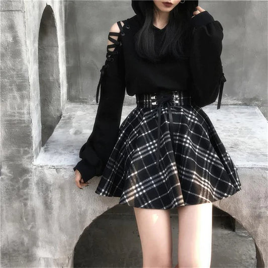 Dark Cute Ear Hoodie / Plaid Skirt  ss2917