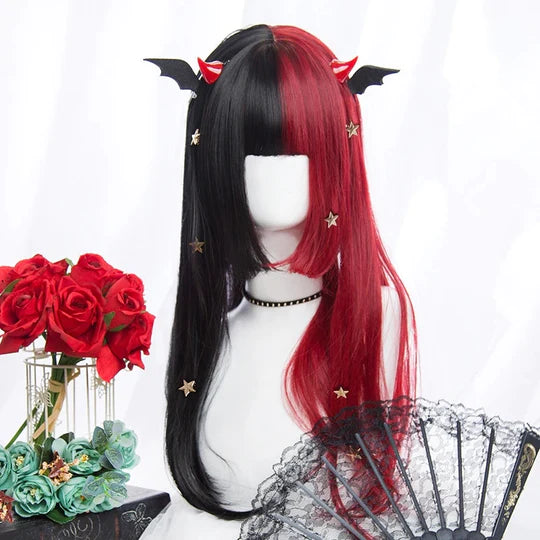 Red Black Colorblock Long Straight Wig  SS2976